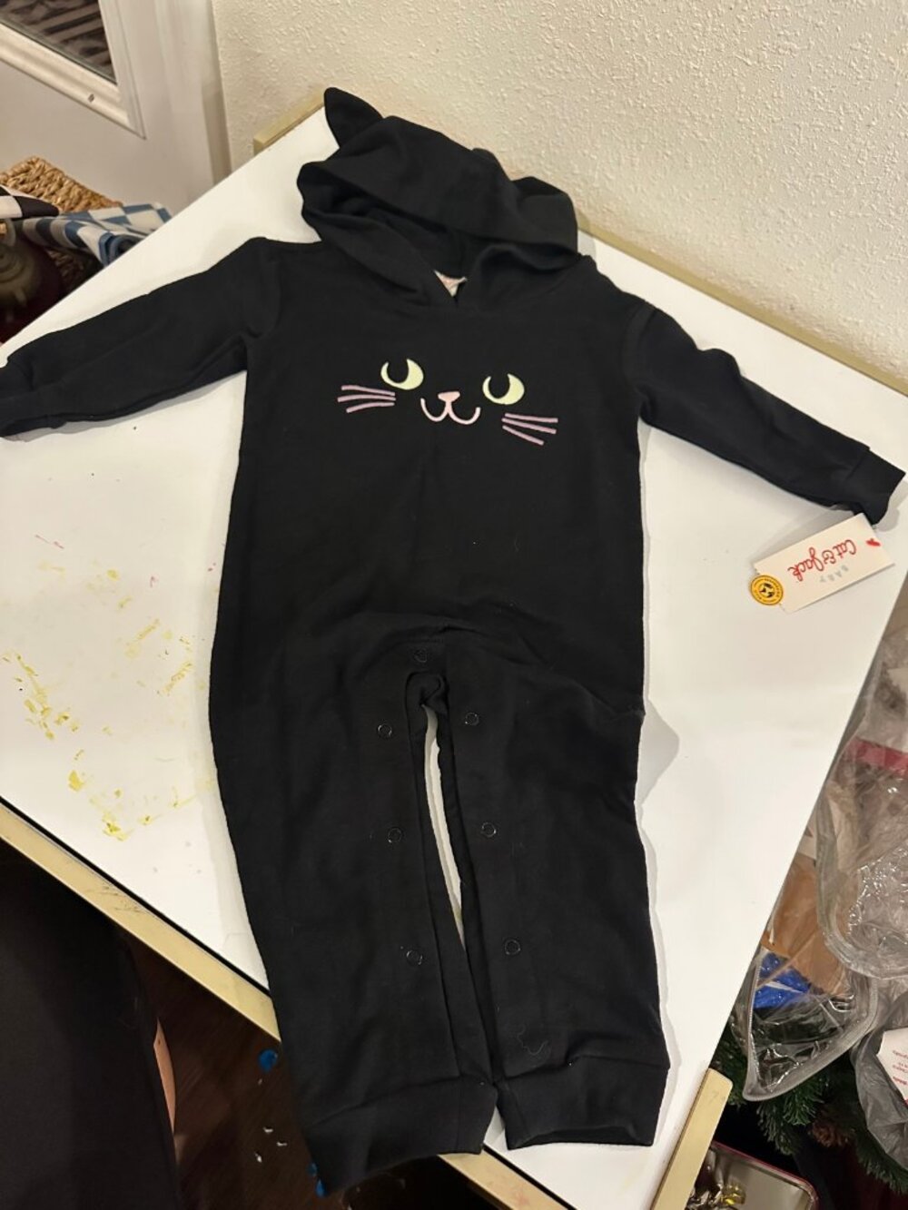 Cat & Jack Black Cat Hooded Romper 12M NWT — Halloween Cat Costume Onesie